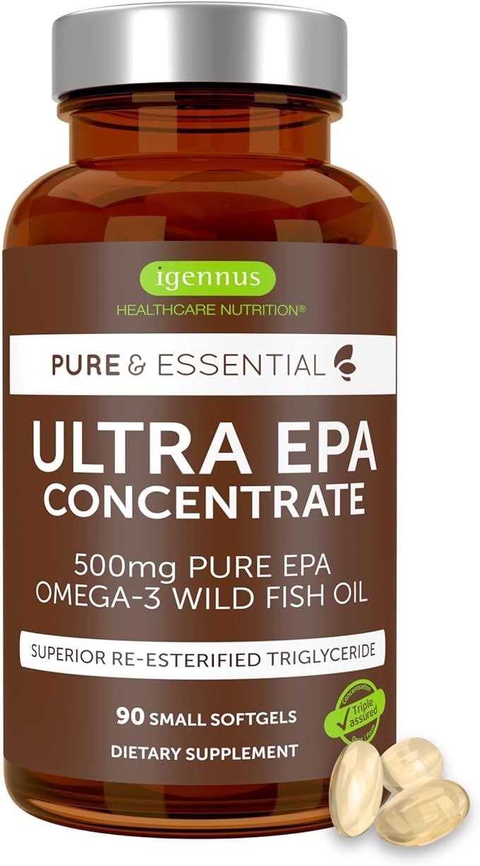 Igennus Ultra Pure Omega-3 EPA 500mg Highly Concentrated IFOS Certified Wild Fish Oil Advanced rTG Triglyceride Form Non-GMO 90 Small Softgels