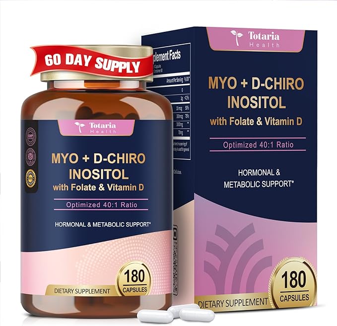 Totaria Inositol Supplement for Women with Vitamin D3 Folate 40:1 Ratio Myo-Inositol &amp D-Chiro Inositol Complex (Vitamin B8) Inositol Capsules 180 Capsules 60 Servings 2 Month Supply