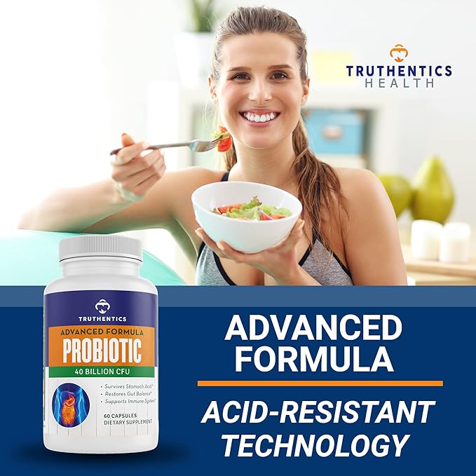 TRUTHENTICS Probiotic 40 Billion CFU with Prebiotics - Bifidobacterium Lactobacillus Acidophilus Paracasei Probiotics for Men &amp Women - Shelf Stable - 60 Vegan Capsules