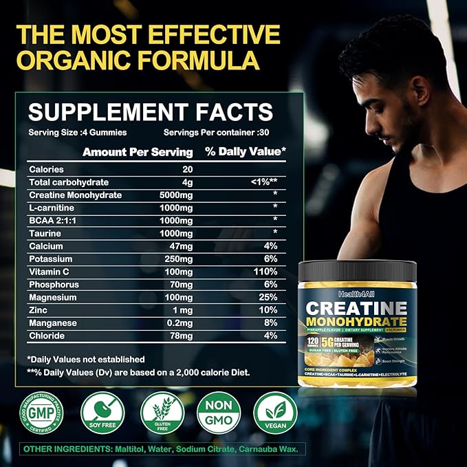 Health4All Creatine Monohydrate Gummies 5g for Men &amp Women Creatine Gummy for Strength Energy &amp Muscle Growth Support Pre-Workout Supplement - Pineapple 120 Gummy