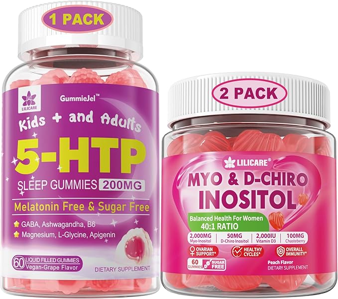 Bundle: 5HTP Gummies with Magnesium Glycinate - Melatonin Free Sleep Gummies for Adults &amp Kids 8+ &amp Inositol Gummies Ideal 40:1 Ratio Myo &amp D-Chiro Inositol Supplement