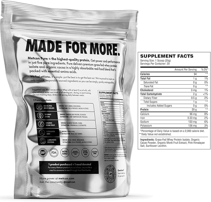 MetCon Whey Protein Isolate - Premium Grass-Fed Whey Protein Isolate Powder with 5 All-Natural Ingredients No Fillers Organic Cacao Flavor (500g)