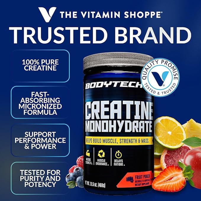 BodyTech Creatine Monohydrate Powder - Fruit Punch Flavor to Enhance Muscle Strength Power and Workout Performance - Supports Muscle Recovery and Growth (16.5 oz / 78 Servings)