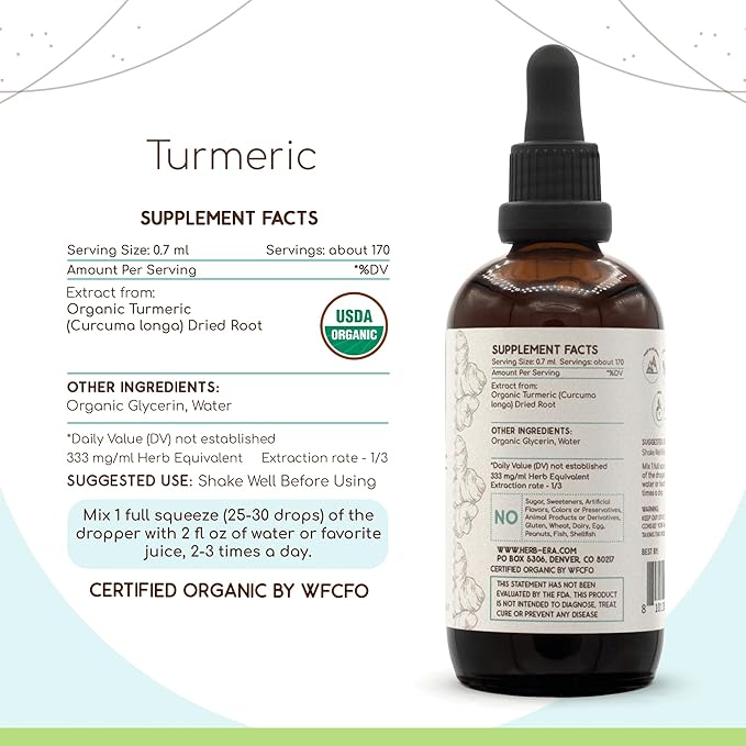 HerbEra Turmeric B120 USDA Organic Tincture | Alcohol-Free Extract High-Potency Herbal Drops | Certified Organic Turmeric (Curcuma Longa) Dried Root (4 oz)