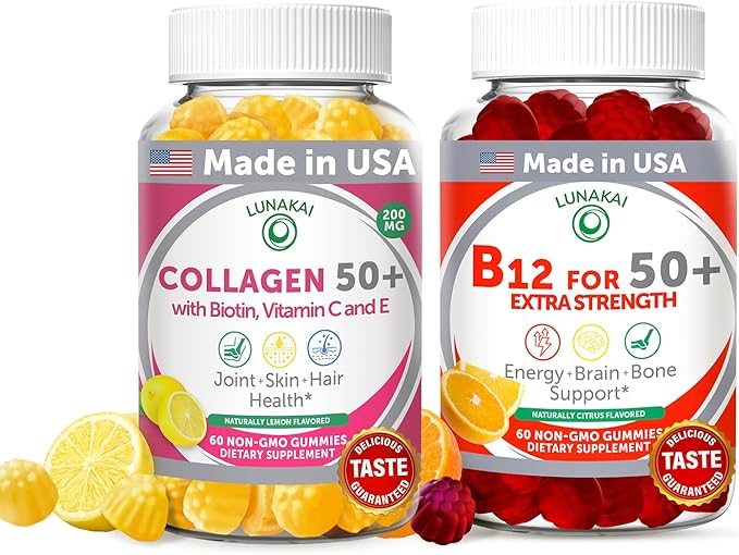 Lunakai USA Made Collagen &amp B12 Gummies Bundle for Adults 50+ Supports Skin Hair Joint Health &amp Energy Non-GMO Delicious Lemon &amp Orange Flavors 60ct Each