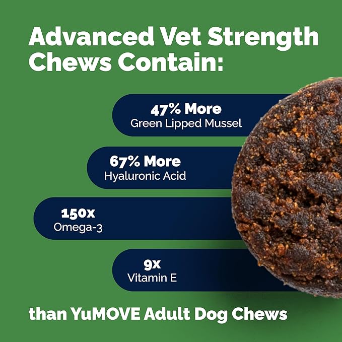Yumove Hip &amp Joint Supplement for Dogs with Glucosamine Hyaluronic Acid Green Lipped Mussel &amp Omega 3 Joint Supplement - Regular or Advanced Strength (180 Count Advanced Vet Strength Soft C