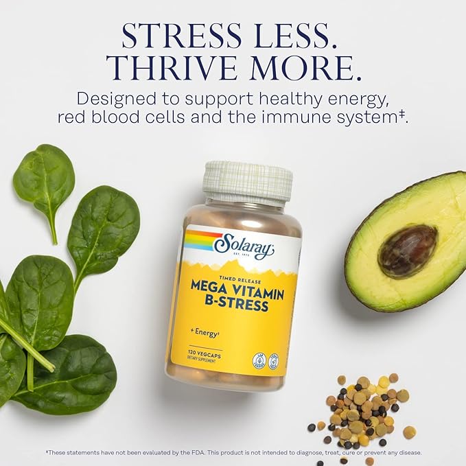 SOLARAY Mega Vitamin B-Stress Timed-Release Vitamin B Complex with 1000 mg of Vitamin C for Stress Energy Red Blood Cell &amp Immune Support 60 Day Guarantee Vegan 40 Servings 120 VegCaps