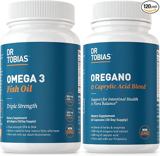 Dr. Tobias Omega 3 Fish Oil and Oregano &amp Caprylic Acid Supplements Supports Heart Brain Immune with Gut Flora Balance Complex &amp Intestinal Health for Women &amp Men