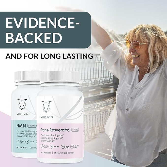 VITRUVIN Longevity Supplement - NMN 500MG + Trans-Resveratrol 500MG with Piperine - Vegan Non-GMO Gluten-Free Gelatin-Free