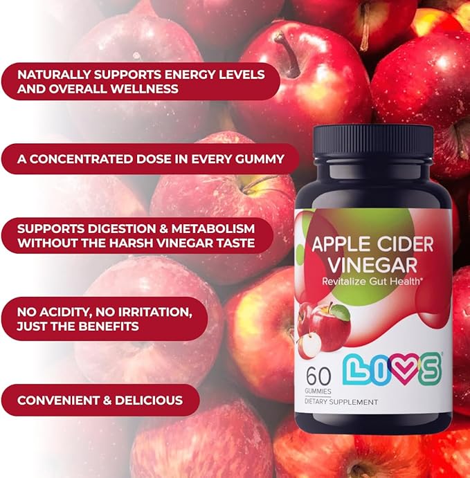 LIVS Apple Cider Vinegar Gummies | Organic Vegan ACV Supplement for Detox Gut Health Metabolism Immune Support &amp Energy – Gluten-Free Non-GMO &amp Vegan Gummies in Apple Cider Flavor – 120ct