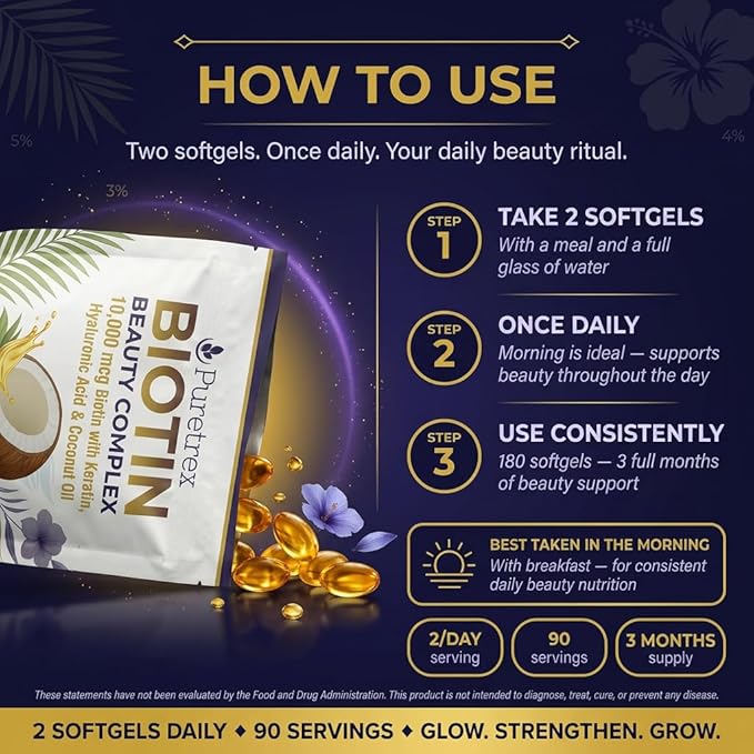 Biotin 10000mcg with Keratin Hyaluronic Acid &amp Coconut Oil | 180 Advanced Softgels Fast Absorption 3 Month Supply | Supports Strong Hair Skin &amp Nails | Non-GMO Gluten-Free UK Made
