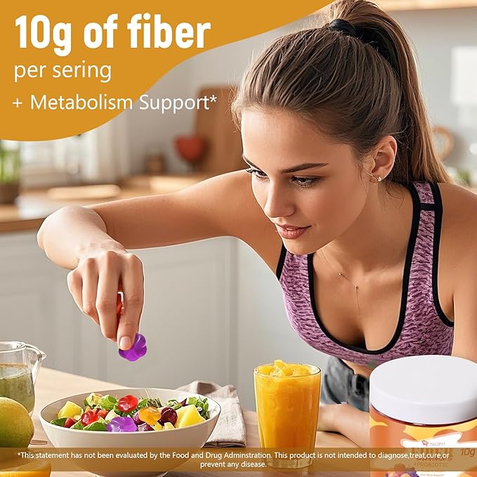 10G Fiber Gummies for Adults - Support Digestive Health - Fiber Supplement with 30 Billion CFU Probiotics Blend ACV Vitamin C Inulin - No Sugar Added - Fruit Flavored - 180 Count