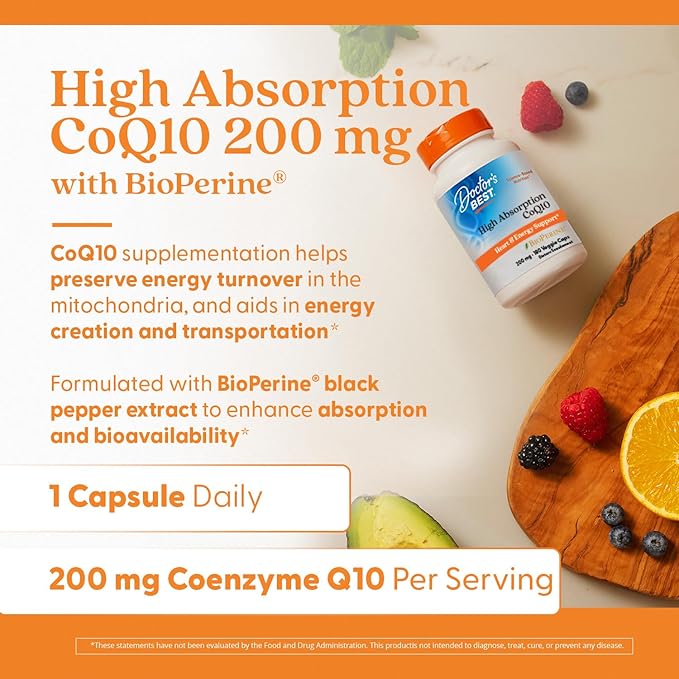 Doctor's Best High Absorption CoQ10 200mg with BioPerine Supplement - Coenzyme Q10 Caps for Heart Health &amp Antioxidant Support CoQ10 200 mg for Women &amp Men Non GMO - 180 Veg Capsules