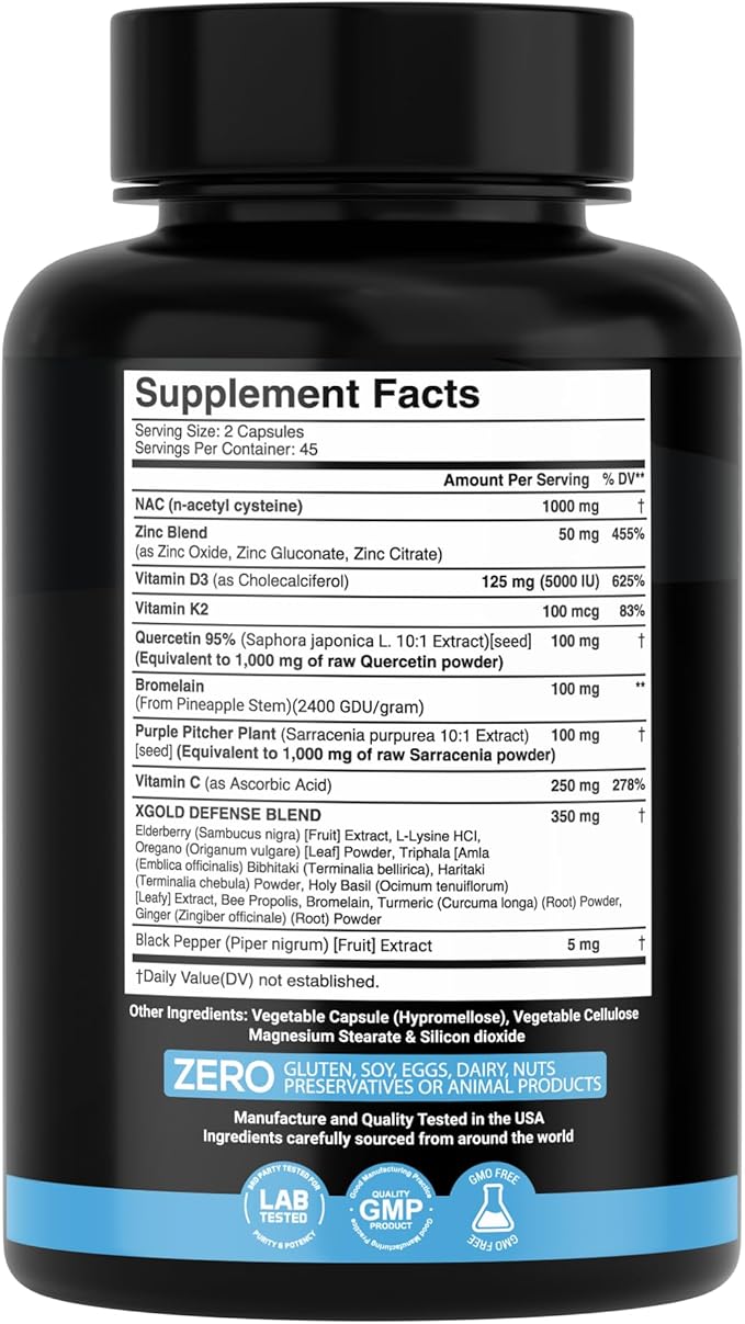XGold Health NAC 1000 mg with Quercetin 95% Bromelain Zinc Vitamin C D3 &amp K2 Immune Support &amp Antioxidant Supplement Advanced Defense Blend 90 Veggie Capsules