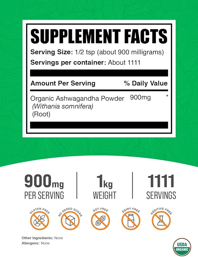 BulkSupplements.com Organic Ashwagandha Powder - Organic Ashwagandha Supplements Sourced from Ashwagandha Root - Gluten Free 900mg per Serving 1kg (2.2 lbs) (Pack of 1)