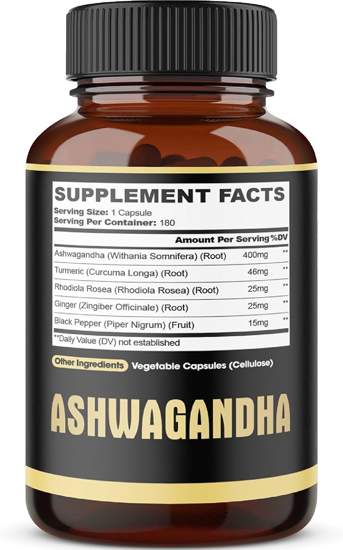 5in1 Premium Ashwagandha Capsules - Added Turmeric Rhodiola Rosea Ginger Black Pepper - 180 Caps for 6 Months