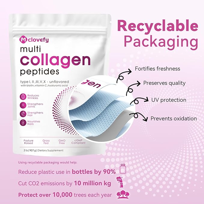Multi Collagen Protein Powder 2lbs-Unflavored with Hyaluronic Acid &amp Vitamin C Skin Hair &amp Joint Support 32 Oz