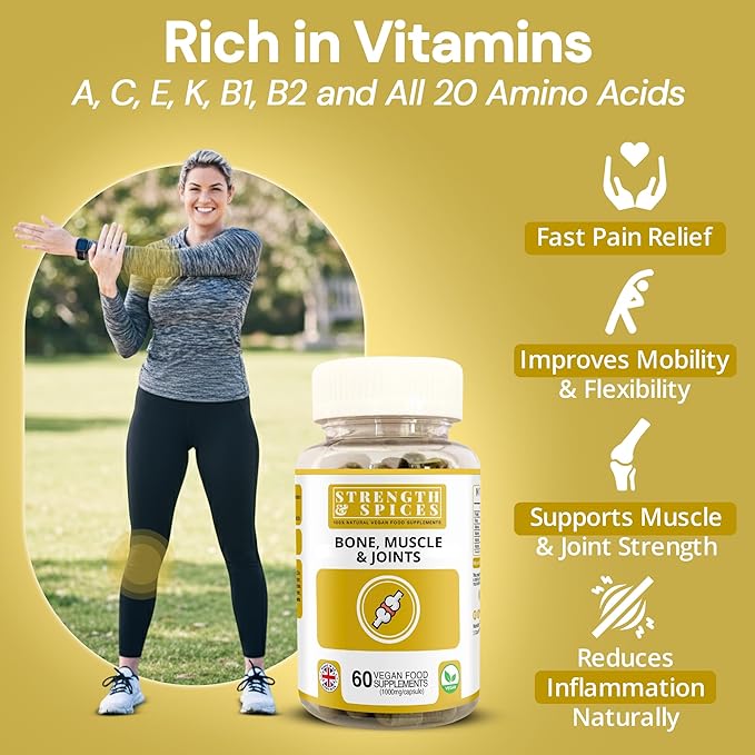 Strength &amp Spices Bone Muscle &amp Joints 100% Natural Supplement – 28 Ingredients w Turmeric - 60 Vegan UK Made 1000mg Capsules – Mobility and Flexibility Support