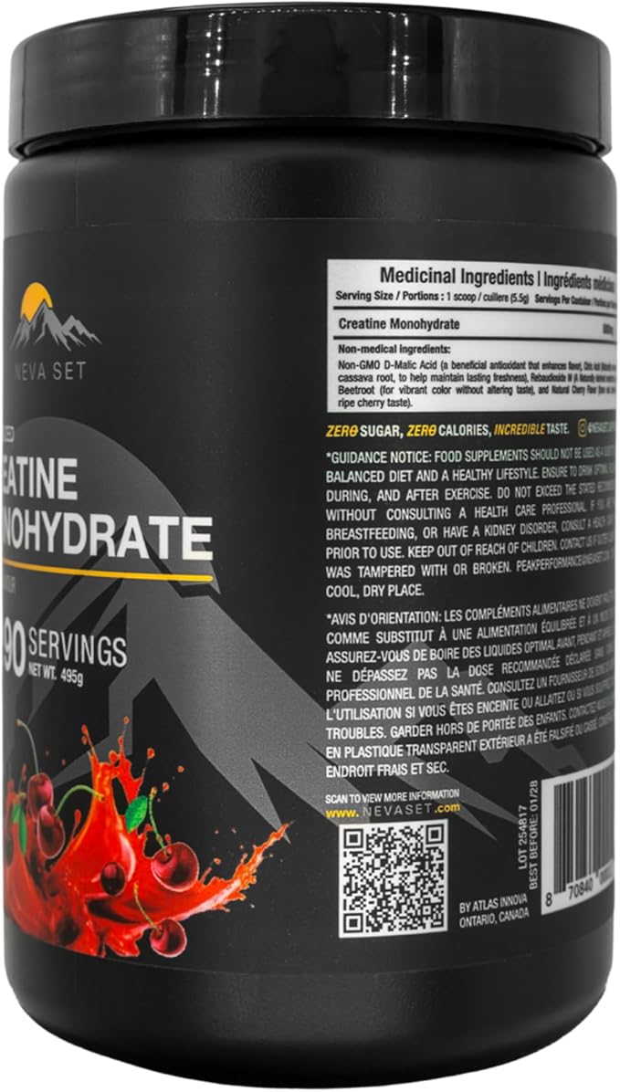 Micronized Creatine Monohydrate by NevaSet 3-Month Supply of 5000mg Creatine supplement for muscle growth increased strength enhanced energy improved athletic performance cognitive health. Cherry