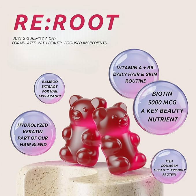 RE:ROOT Hair Growth Gummies – 5000 mcg Biotin with Collagen Keratin &amp MSM – Hair Skin &amp Nails Support – 60 Berry Gummies