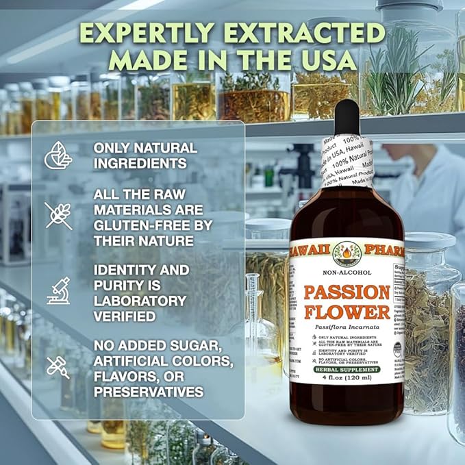 Hawaii Pharm Passion Flower Alcohol-Free Extract Glycerite for Calm and Sleep Support Soothes Digestive Discomfort Promotes Relaxation Encourages Emotional Balance - 4 fl.oz