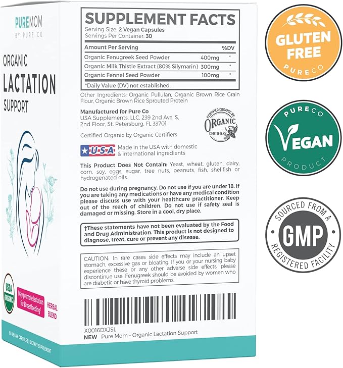USDA Organic Lactation Supplement - Increase Milk Supply with Herbal Breastfeeding Support - Aid for Mothers - Organic: Fenugreek Seed Fennel &amp Milk Thistle - 60 Vegan Capsules (No Pills or Cooki