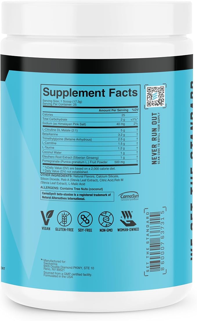 Swolverine PRE | Citrulline Malate Carnosyn Beta Alanine Carnitine Ginseng Pomegranate Betaine Coconut Water Endurance Energy Strength Vegan Gluten Free Non-GMO (25 Servings)