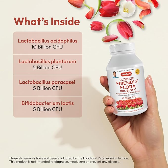 ANDREW LESSMAN Ultimate Friendly Flora Probiotic 120 Capsules - 25 Billion CFU Comprehensive Blend of Five Probiotic Strains Powerful Immune and Digestive Support. Probiotics for Women or Men