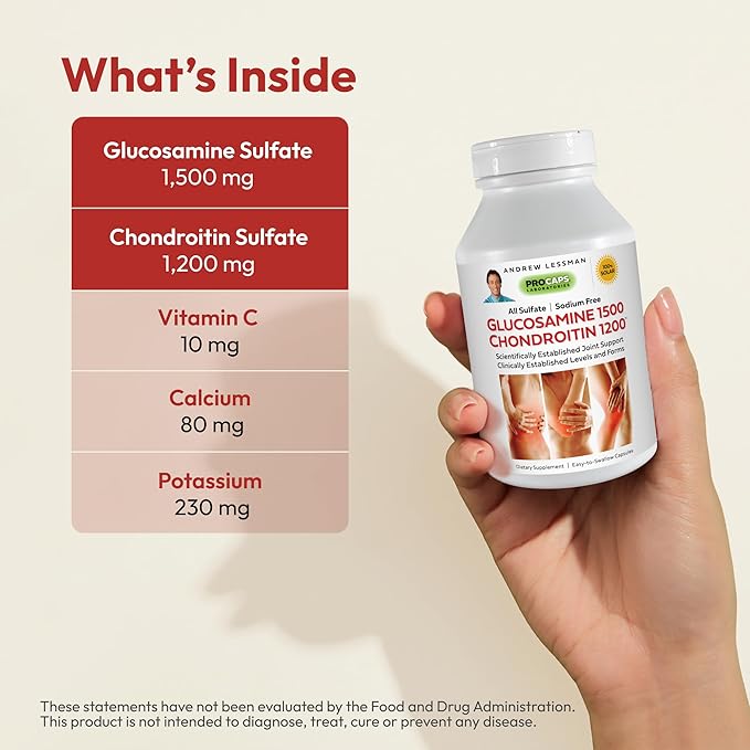 ANDREW LESSMAN Glucosamine 1500 Chondroitin 1200mg - 600 Capsules - 100% Sulfate Form Research Established Ingredients and Levels for Support of Healthy Joint Tissue. Small Easy to Swallow Capsules