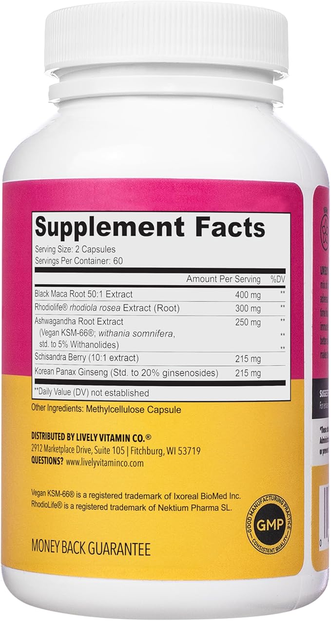 LIVELY VITAMIN CO. Adrenal Boost - Immune - Stress - Anxious - Memory - Focus - Nervousness - Rest - Sleep - Ashwagandha - Black Maca - Rhodiola - Ginseng - 120 Vegetarian Capsules