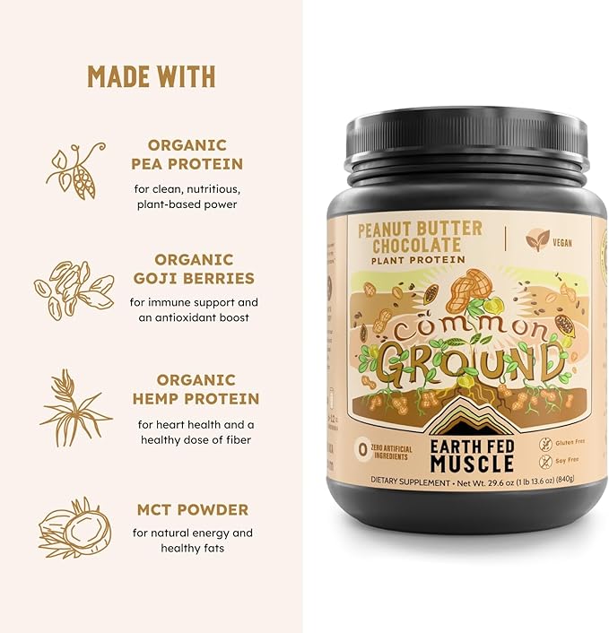 Earth Fed Muscle Common Ground Plant Protein Powder – Chocolate Peanut Butter Protein Powder with MCT Oil Soy &amp Gluten Free No Added Sugar Keto - 30 Servings