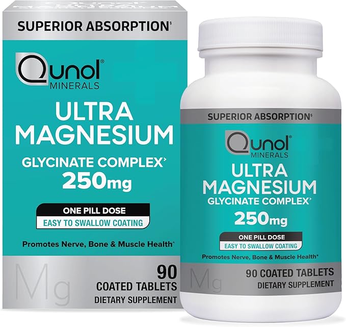 Qunol Magnesium Glycinate Complex Gentle on Stomach 250mg One Pill Dose Superior-Absorption Magnesium Nerve Bone and Muscle Health Supplement 90 Count (Pack of 1)