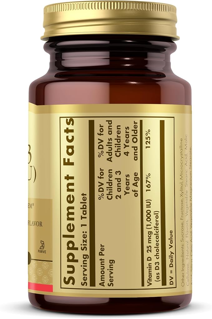 Solgar Vitamin D3 (Cholecalciferol) 25 mcg (1000 IU) Natural Strawberry Banana Swirl - 100 Chewable Tablets - Non-GMO Kosher - 100 Servings (Pack of 2)