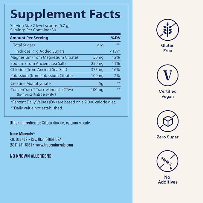 Trace Minerals Creatine + Electrolytes – Creatine &amp Mineral Powder for Peak Performance &amp Optimal Hydration – Supports Brain Muscles &amp Endurance – 5 g Creatine – Unflavored – 30 Servings