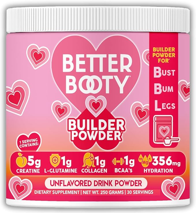 Better Booty Builder Powder - Creatine Monohydrate Supplement for Women Glutes &amp Muscle 5g Vegan Creatina w. Collagen Glutamine BCAAs &amp Hydration for Recovery + Energy Unflavored (250g 30 Se