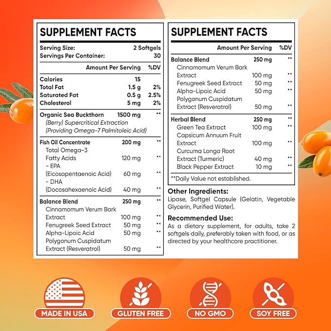 Omega-7 Sea Buckthorn Oil - with Omega-3 EPA/DHA Fish Oil Cinnamomum Fenugreek ALA Green Tea Cayenne Pepper Turmeric Resveratrol Black Pepper - Gluten-Free 2Pack
