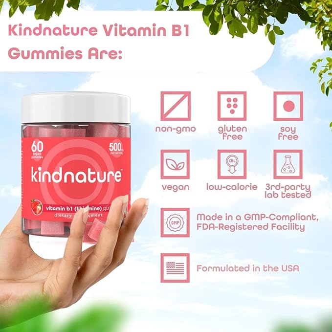 kindnature B-Vitamin Boost: B1 Thiamine 500mg &amp B2 Riboflavin 400mg Gummy Duo for Kids &amp Adults