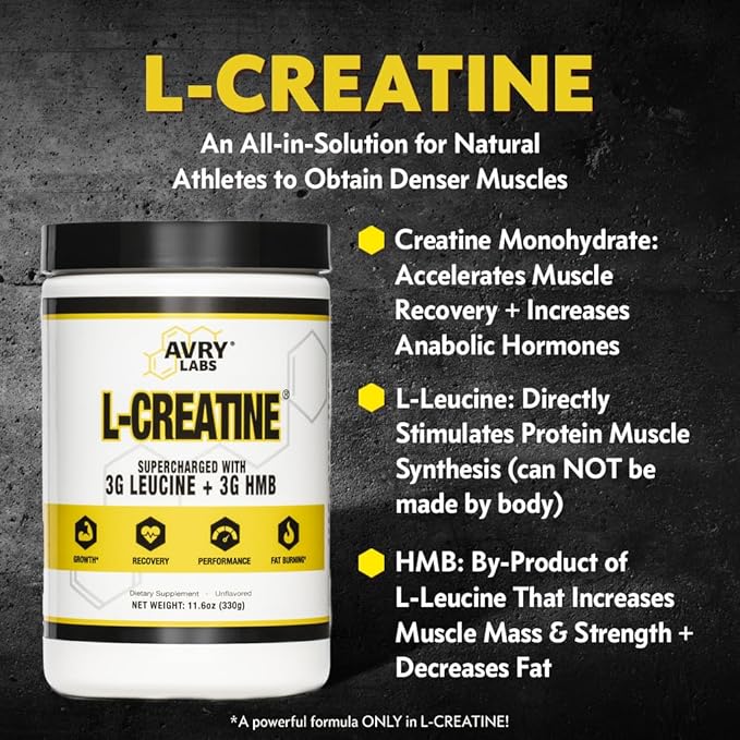L-CREATINE Supplement: Creatine Monohydrate w/Leucine Amino Acid and HMB – Supports Muscle Mass Strength Recovery &amp Performance + Reduce Fat – Vegan 11oz (330g) Powder
