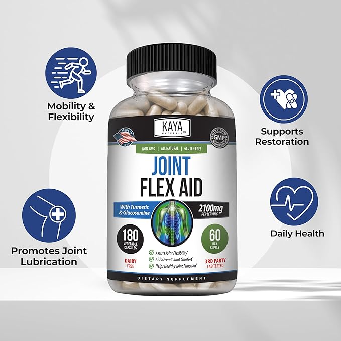 Kaya Naturals Flex Aid - Mobility Support Supplement for Men and Women - Turmeric Capsules with Glucosamine Sulfate Boswellia Serrata and MSM - for Knee Support and Mobility Health - 180 Count