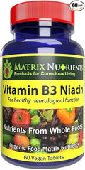 Vitamin B3 NIACIN - Digestive Heart and Immune Support! - 100% Organic - Also Improve Brain Function Energy and Reduce Stress - Vegan Tablets (60ct)