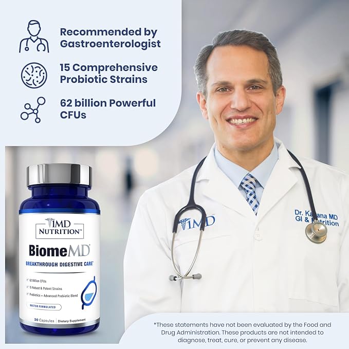 1MD Nutrition BiomeMD Probiotics | 62 Billion CFUs 15 Comprehensive Strains - Pro &amp Prebiotics | Doctor-Formulated for Digestive Health &amp Immune Support | 30 Capsules