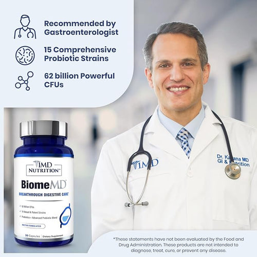 1MD Nutrition BiomeMD Probiotics | 62 Billion CFUs 15 Comprehensive Strains - Pro &amp Prebiotics | Doctor-Formulated for Digestive Health &amp Immune Support | 60 Capsules