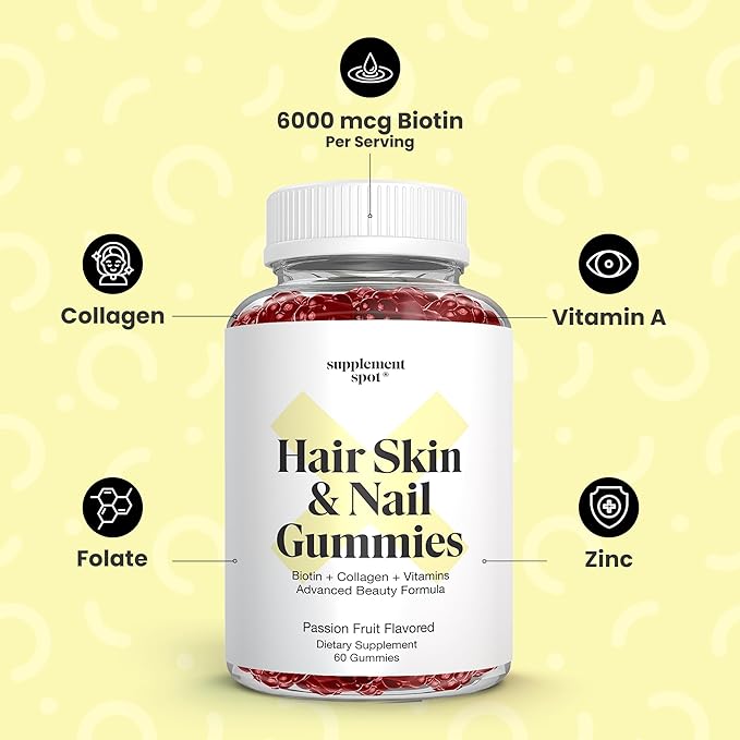 Hair Skin and Nails Vitamins 6000 mcg Biotin Gummies w/Collagen Passion Fruit Flavored Hair Vitamins Gluten Free Collagen Supplements (60 Count)
