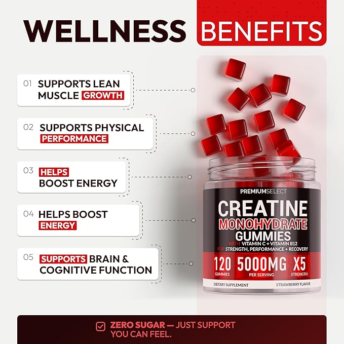 Sugar Free Creatine Monohydrate Gummies 5g Per Serving - 120 Monohydrate Creatine Gummies Advanced Complex with Vitamin C + Vitamin B12 for Muscle Strength Energy Boost Pre-Workout Gummy