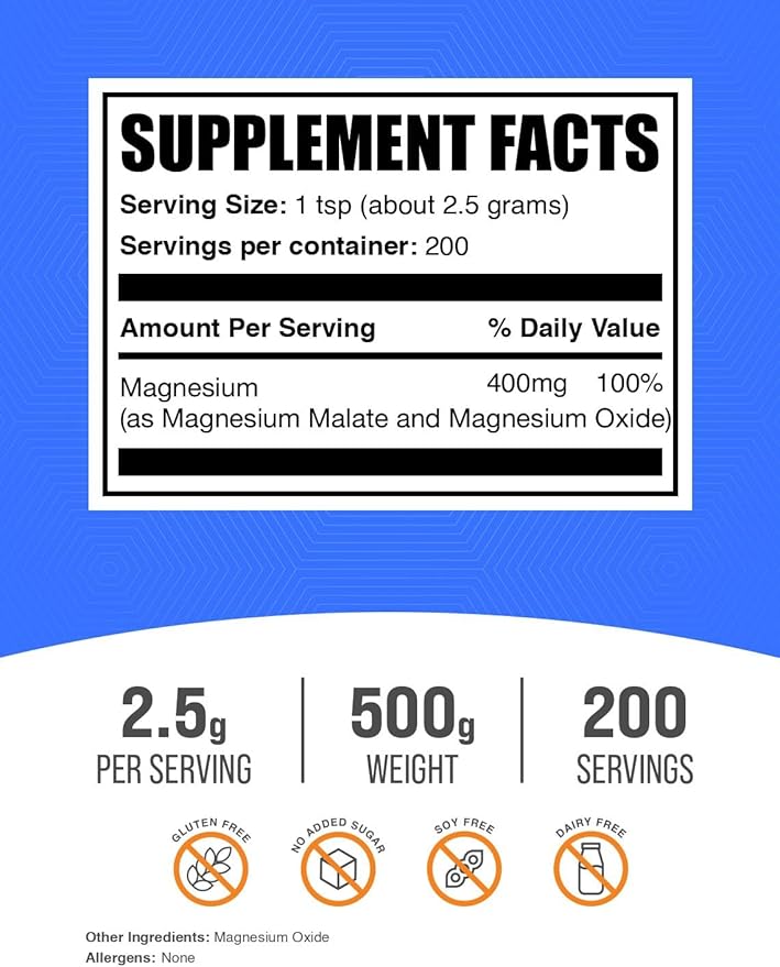 BulkSupplements.com Magnesium Malate Powder - Magnesium Supplements High Bioavailabilty - Unflavored &amp Gluten Free 2.5g per Serving 500g (1.1 lbs) (Pack of 1)