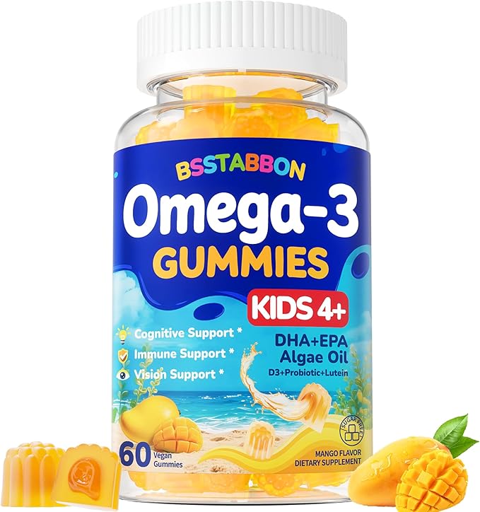 Vegan Omega 3 Gummies for Kids 4+: Natural Omega-3 Fatty Acid Supplement DHA EPA with Vitamin D3 B12 Probiotic Lutein Zinc for Overall Health - No Fish Taste Multivitamin for Kids(60Count)