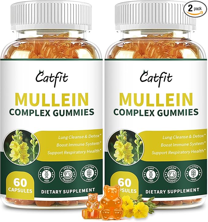 Catfit (120 pcs) Mullein Gummies for Lungs Detox &ampLymphatic DrainageMullein Leaf ExtractQuercetin&ampElderberry for Respiratory &amp Immune SupportVegan Pineapple Flavor (2 Pack)