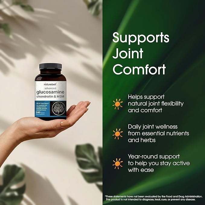 NatureBell Advanced Glucosamine Chondroitin &amp MSM - 240 Capsules - 10-in-1 Joint Support Complex* - Includes Hyaluronic Acid Turmeric Glucosamine Collagen &amp More