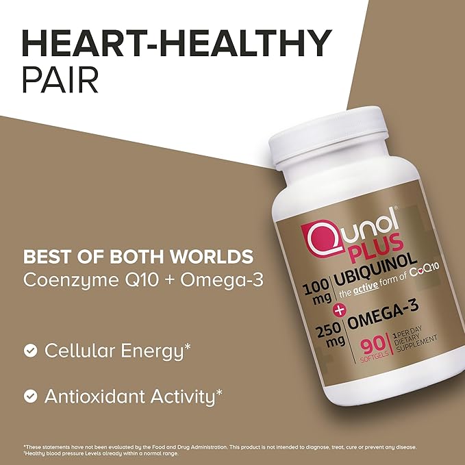 Qunol Plus Ubiquinol CoQ10 100mg with Omega 3 Fish Oil 250mg Extra Strength Antioxidant Supplement 90 Count