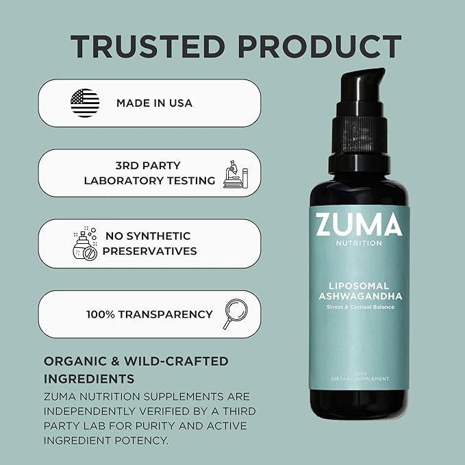 Zuma Nutrition Liposomal Ashwagandha Root Tonic Vegan Natural Supplement for Men and Women Herbal Health Liquid Formula for Longevity Support and Daily Wellness 60 ML Bottle